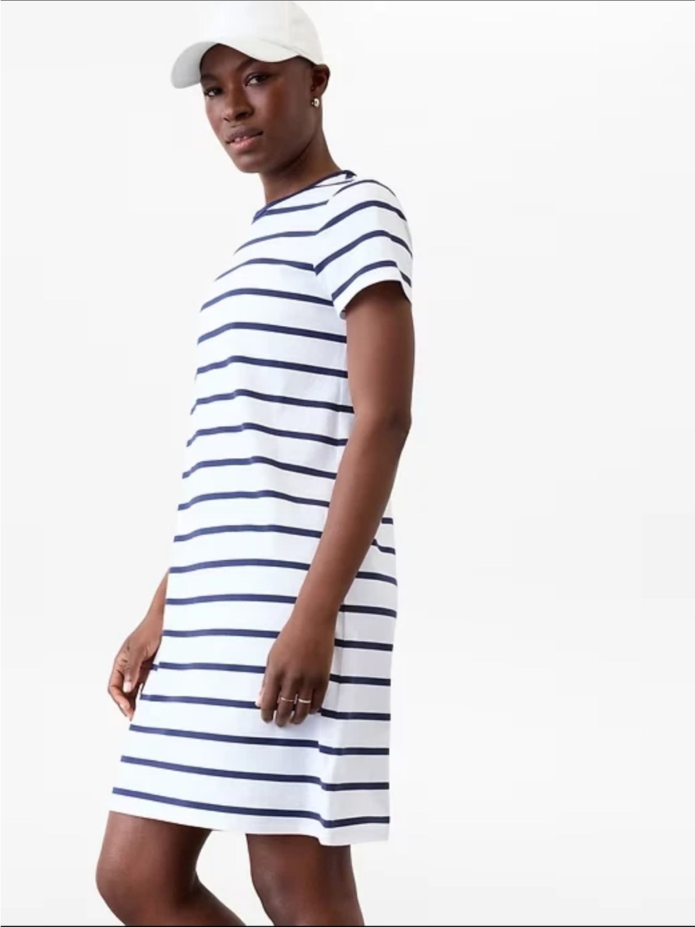 Athleta Essential Tee Dress Large Navy White Striped Short Sleeve Casual